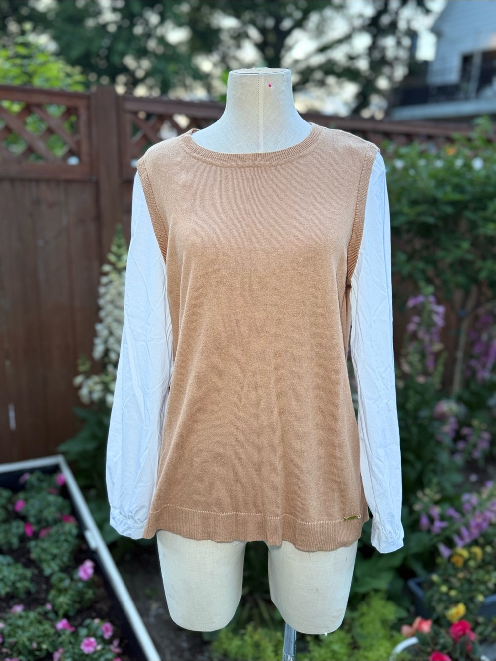 Anne Klein Tan Knit White Sleeve Layered Top Size L